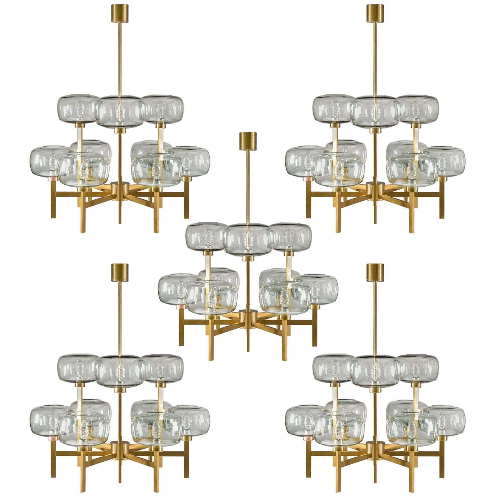 Five Swedish Chandeliers In Brass And Glass By Holger Johansson