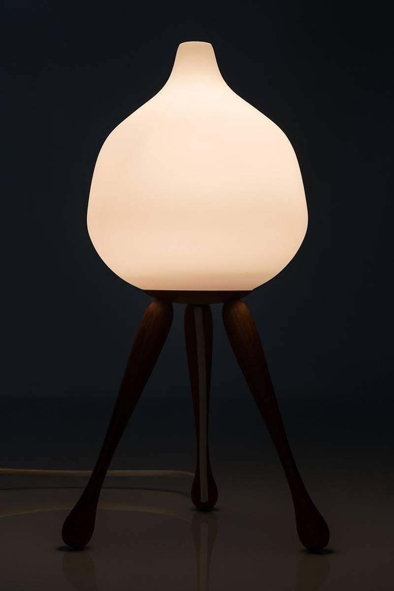 Scandinavian Table Lamp By In Oak And Opaline Glass By Luxus, Sweden photo buy