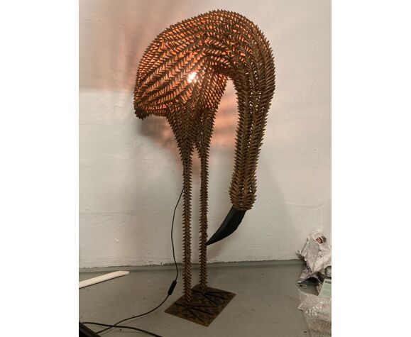 1960s Bamboo Rattan Wicker Crane Flamingo Bird Lamp USA photo furniture