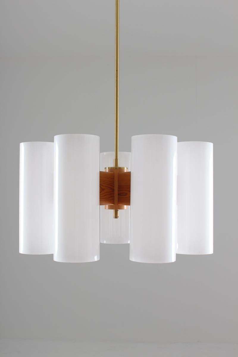 Pair Of Large Swedish Midcentury Chandeliers In Acrylic, Pine And Brass By Luxus photo for sale
