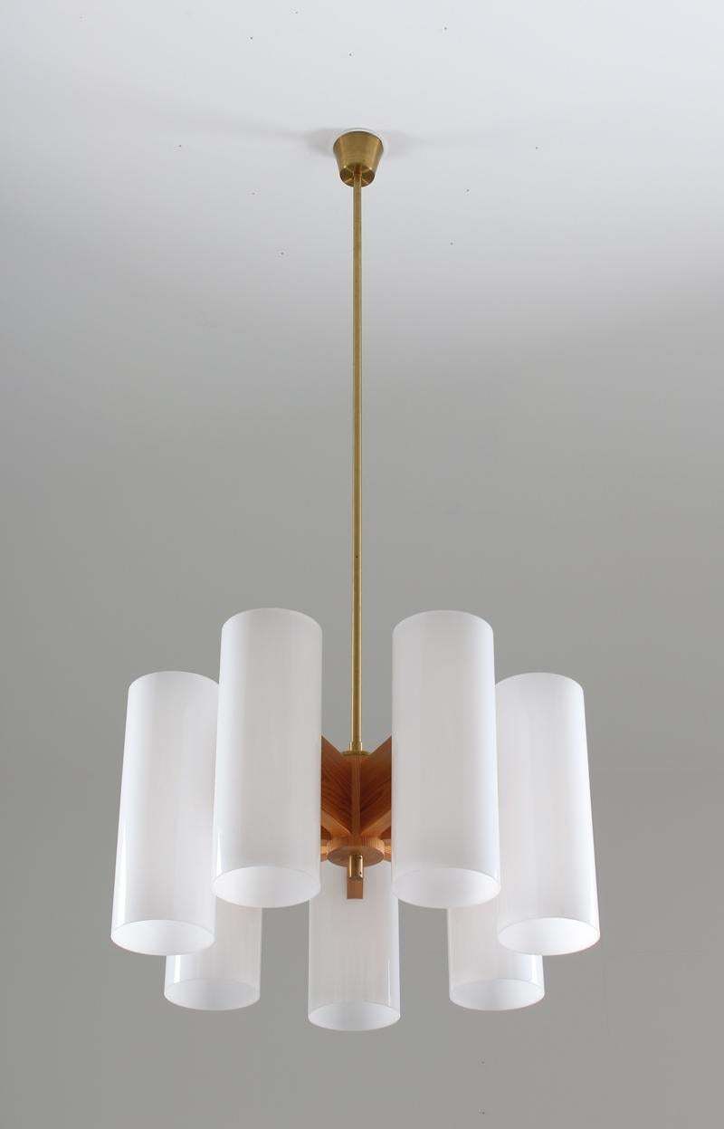 Pair Of Large Swedish Midcentury Chandeliers In Acrylic, Pine And Brass By Luxus photo Lighting