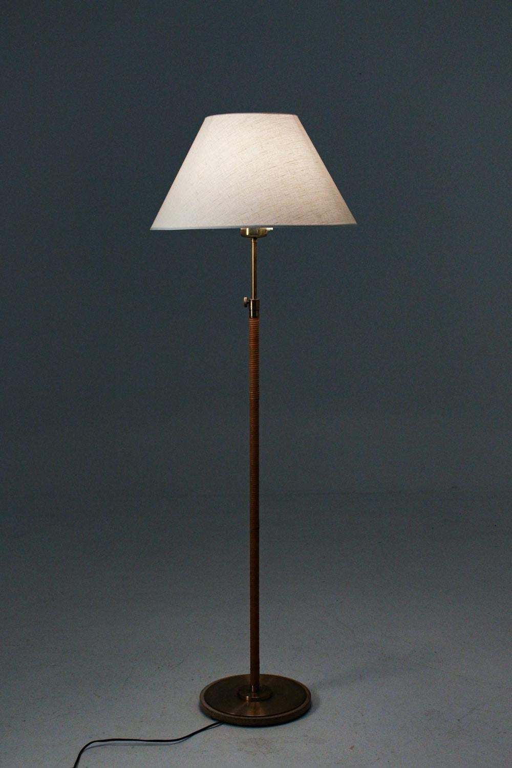 Swedish Modern Midcentury Floor Lamp In Brass And Rattan, 1940s photo for sale