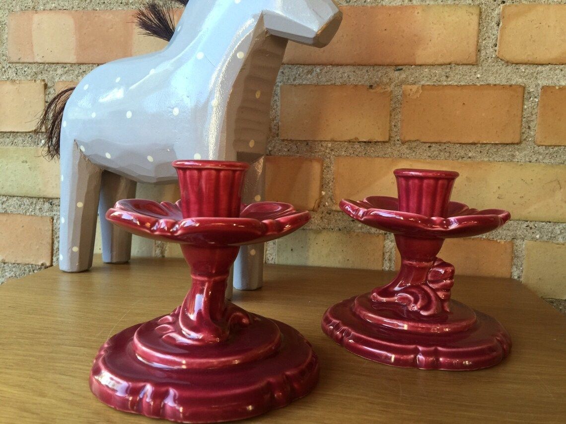 A Pair Of Red Swedish Pottery Candlesticks, 1960s, Scandinavian Mid Century Modern, Could Be From The Studio Pottery Rutebo