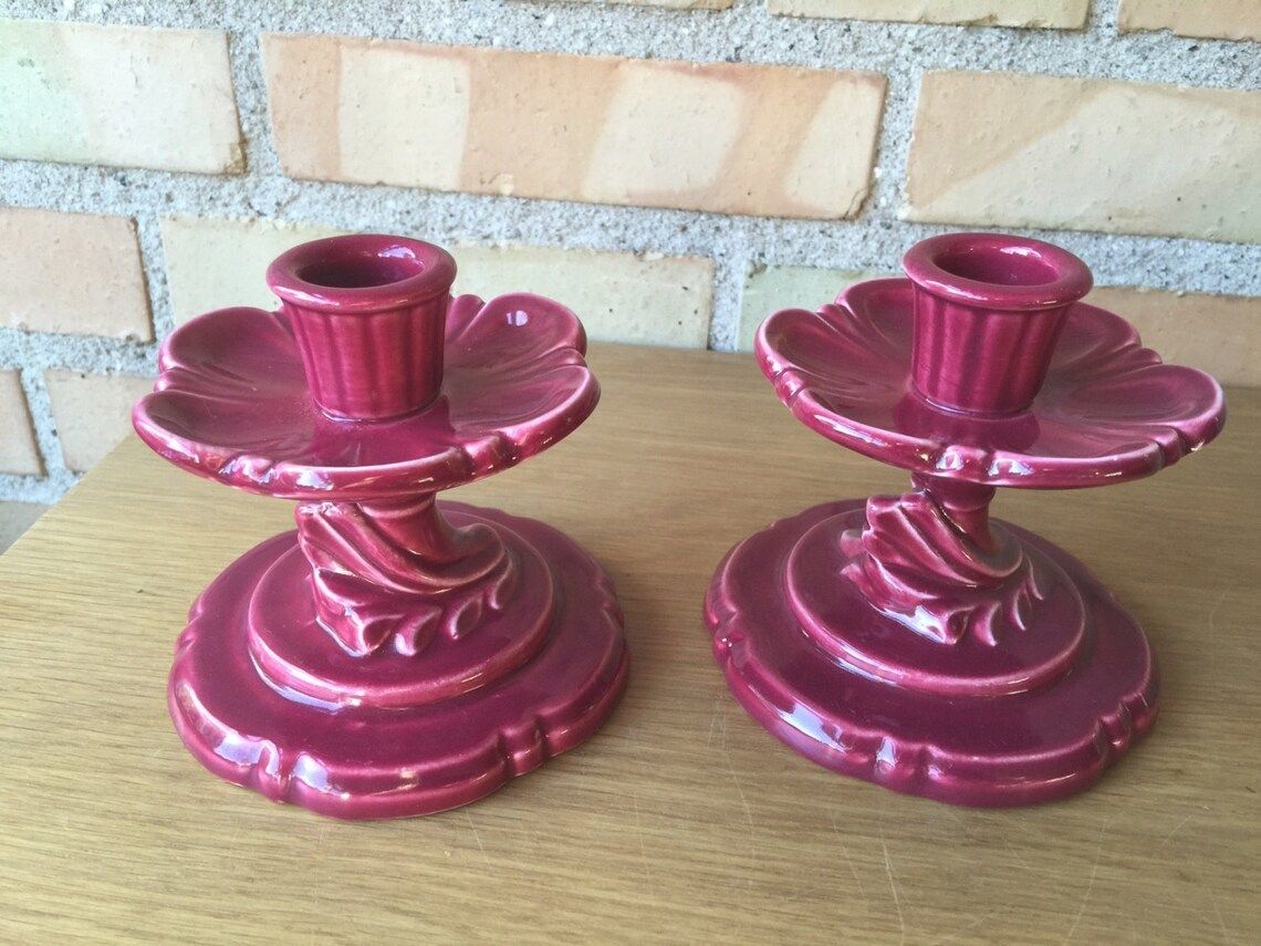A Pair Of Red Swedish Pottery Candlesticks, 1960s, Scandinavian Mid Century Modern, Could Be From The Studio Pottery Rutebo photo for sale
