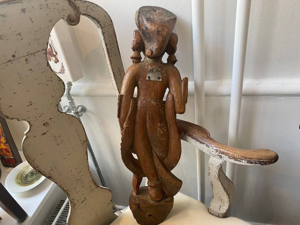 Ancient Asian Female Figure / Wallhanging Hand Carved In Wood With Gildings, Probably Hindu Goddess, Circa 1900 photo buy