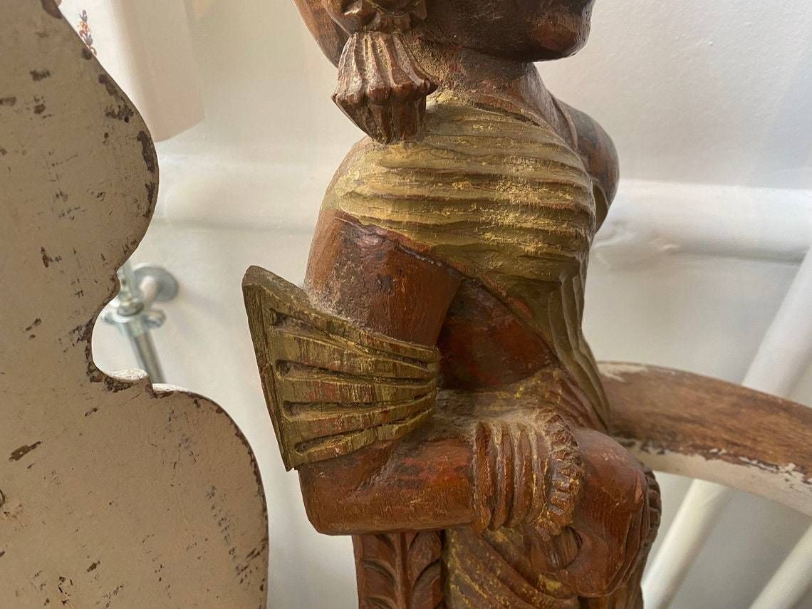 photo for sale Ancient Asian Female Figure / Wallhanging Hand Carved In Wood With Gildings, Probably Hindu Goddess, Circa 1900