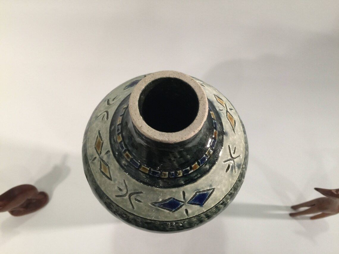 Vase, Swedish Green Glazed Chamotte With Incised Geometric Pattern By Yngve Blixt, Own Studio In Hoganas, 1960s, Scandinavian Home Decor photo 136.0