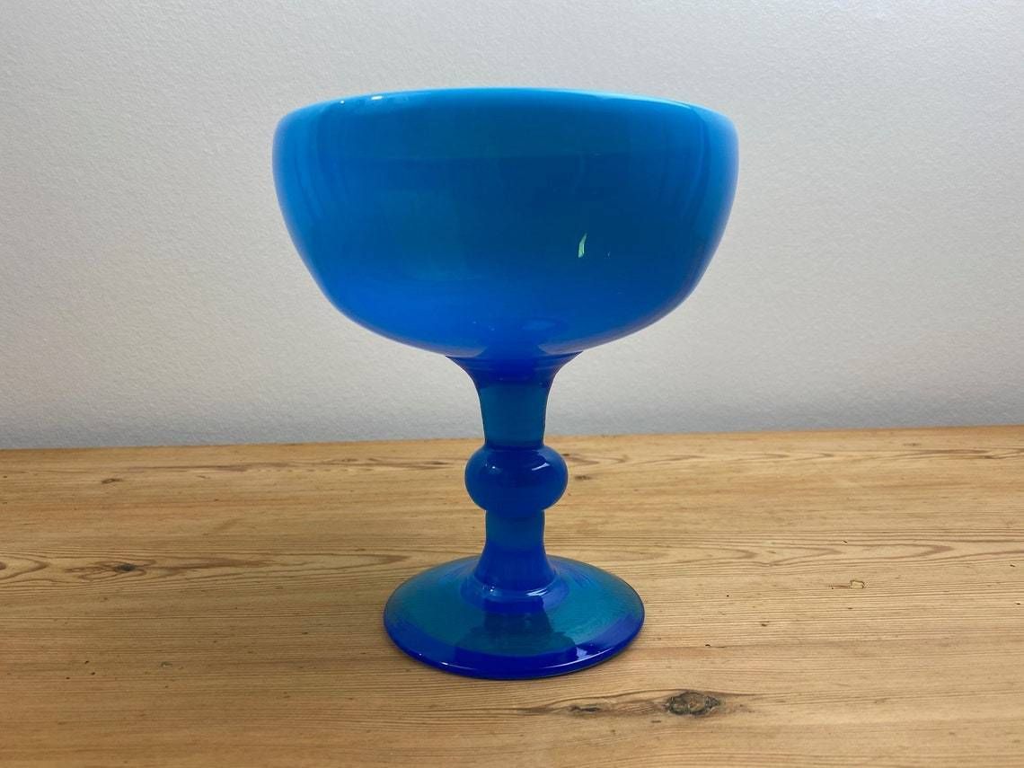 photo for sale Electric Blue Footed Glass Bowl By Swedish Glass Artist Erik Hoglund For Boda