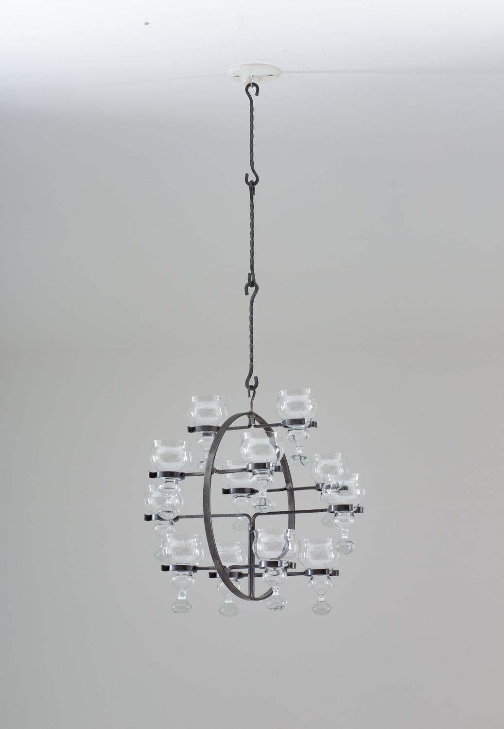 Swedish Iron And Glass Hanging Candelabra / Chandelier By Bertil Vallien photo for sale
