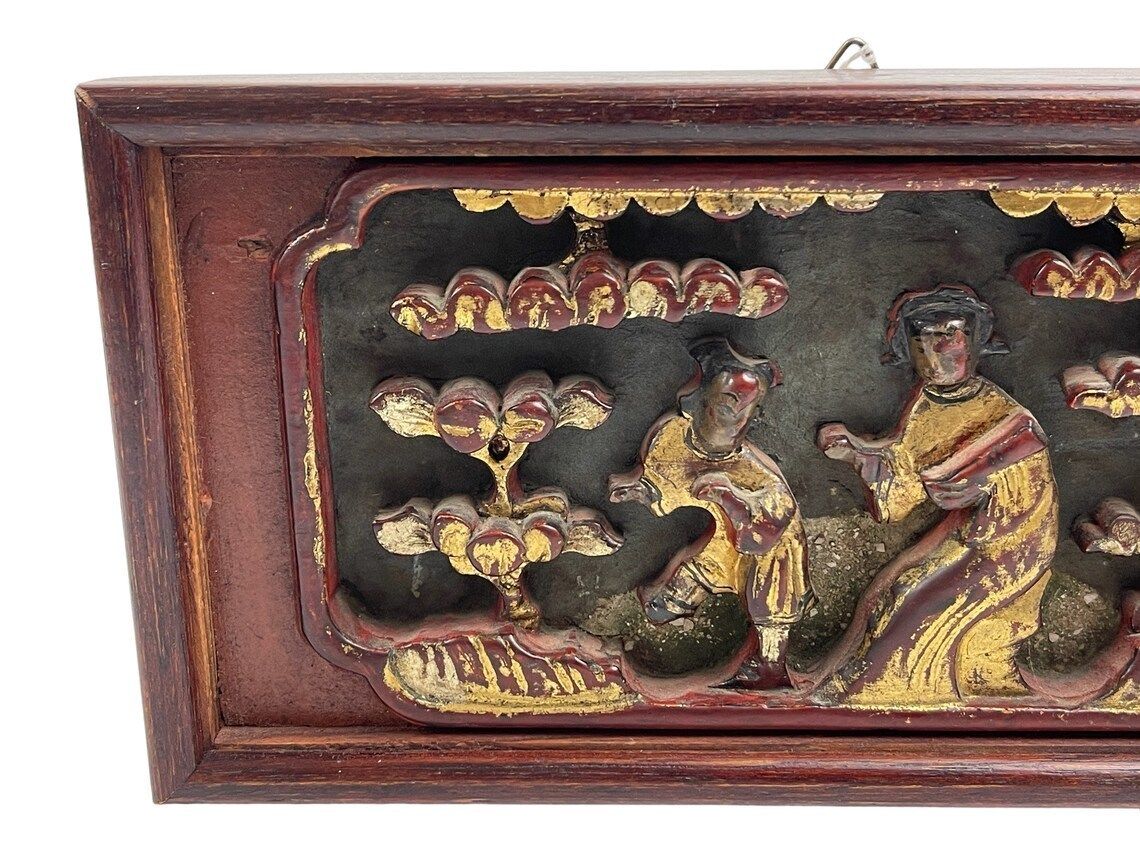Hand Carved Chinese Wooden Panel With Lacquer And Gilt For Wall Hanging 20th Century photo furniture