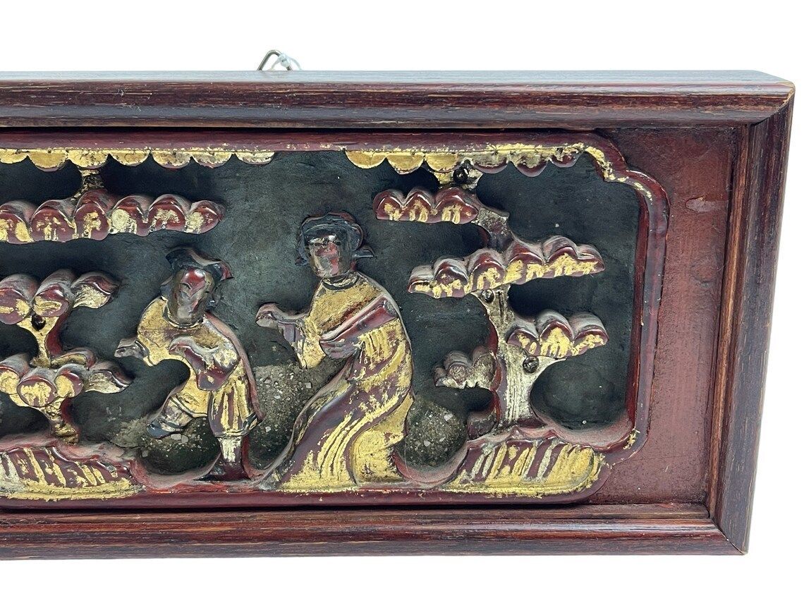 Hand Carved Chinese Wooden Panel With Lacquer And Gilt For Wall Hanging 20th Century photo for sale