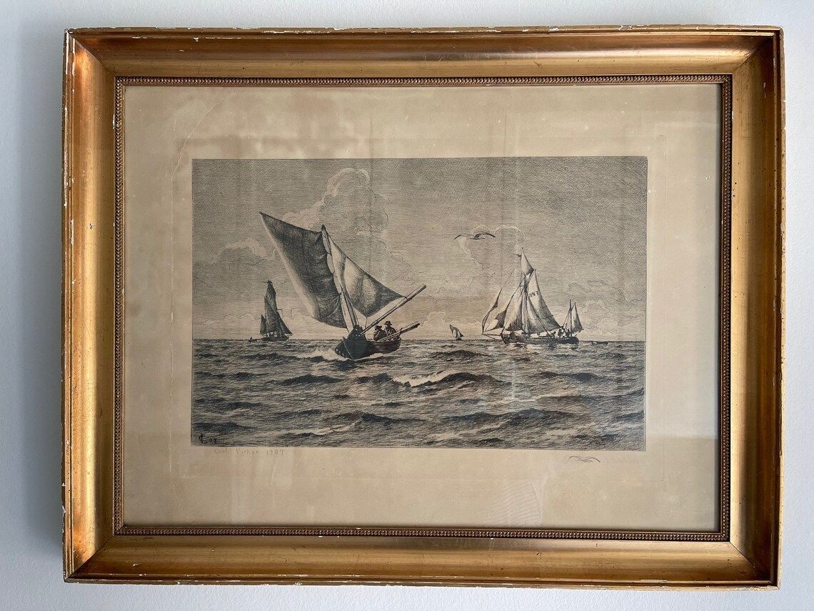Danish Artist Carl Locher Etching Of Fishing Boats At Sea Signed In Print 1907 With Beautiful Old Patinated Gold Frame photo vinterior