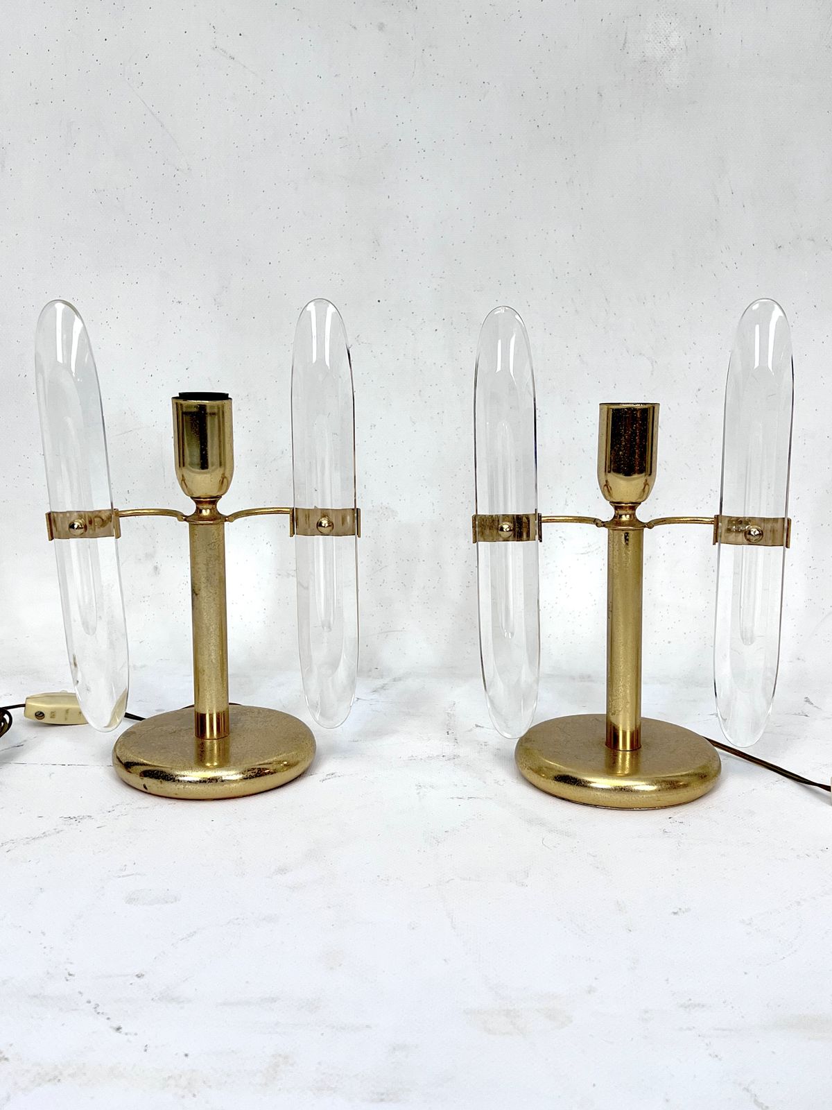 Postmodern Pair Of Gilded Metal And Glass Table Lamps By Stilkronen. Italy 70s photo furniture