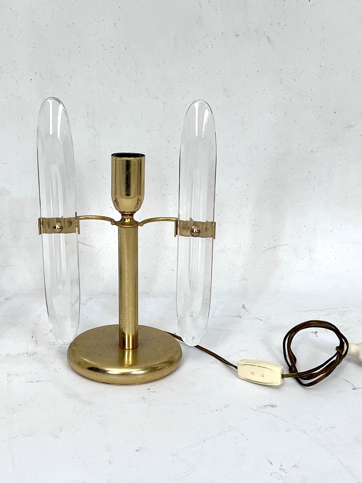 photo for sale Postmodern Pair Of Gilded Metal And Glass Table Lamps By Stilkronen. Italy 70s