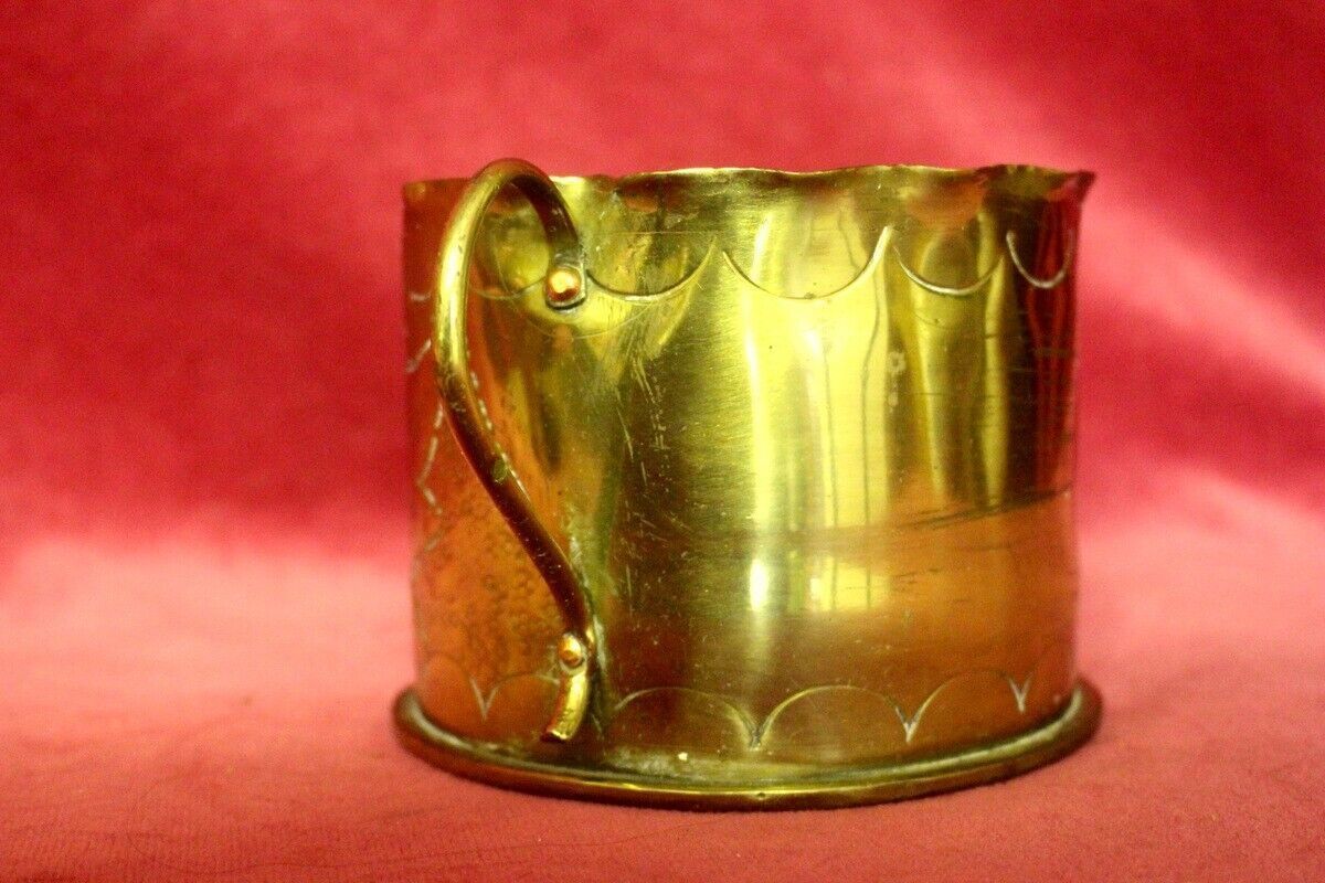 Vintage French Embossed Brass  Shell Casing Wwi Vase Pot 19th Century With Brass Handles 12 X 9 Cm 1 Kg photo furniture