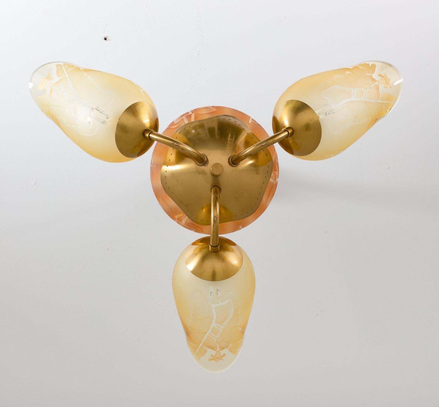 Swedish Modern Chandelier In Brass And Glass By Glössner photo for sale