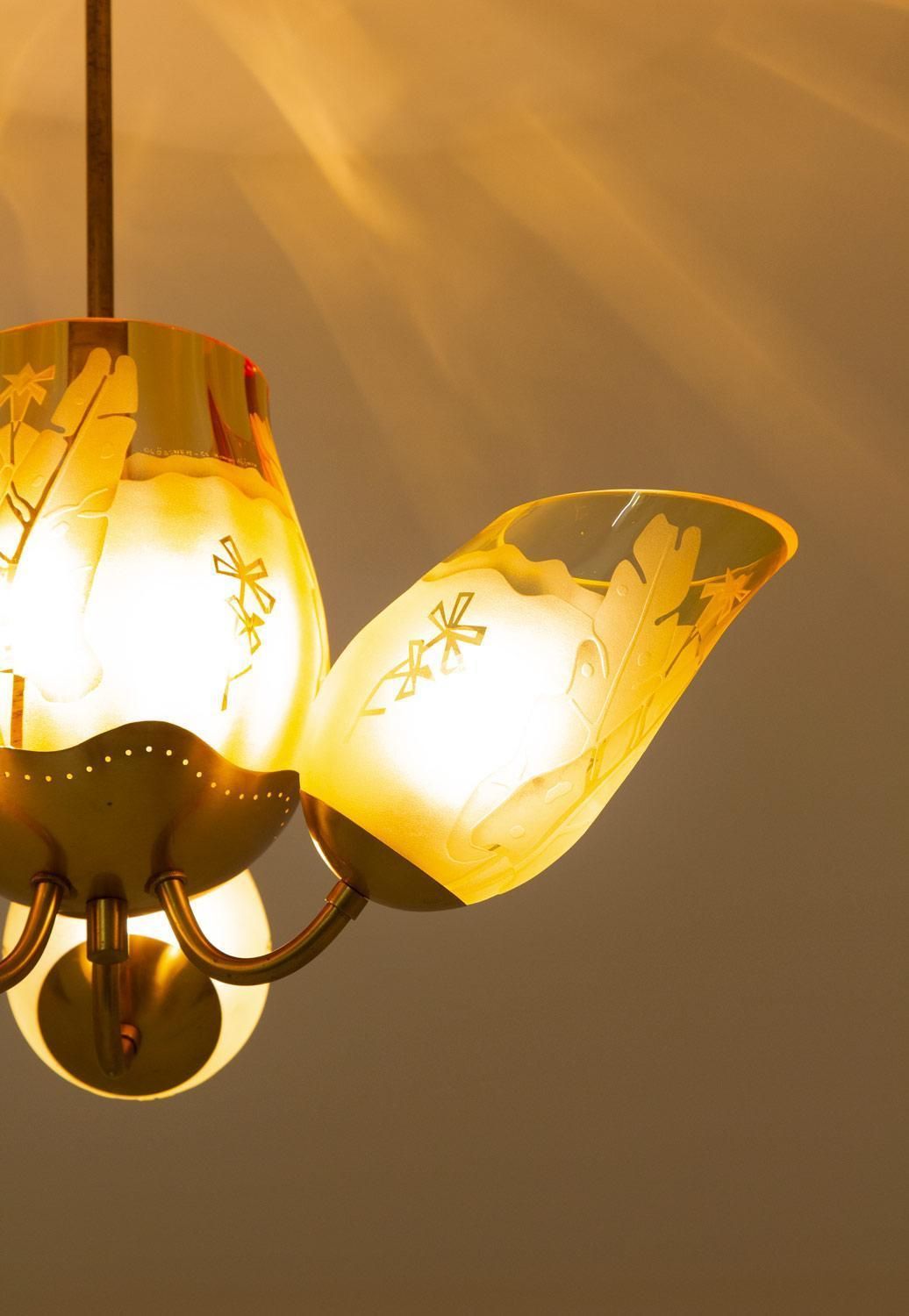 Swedish Modern Chandelier In Brass And Glass By Glössner photo vintage