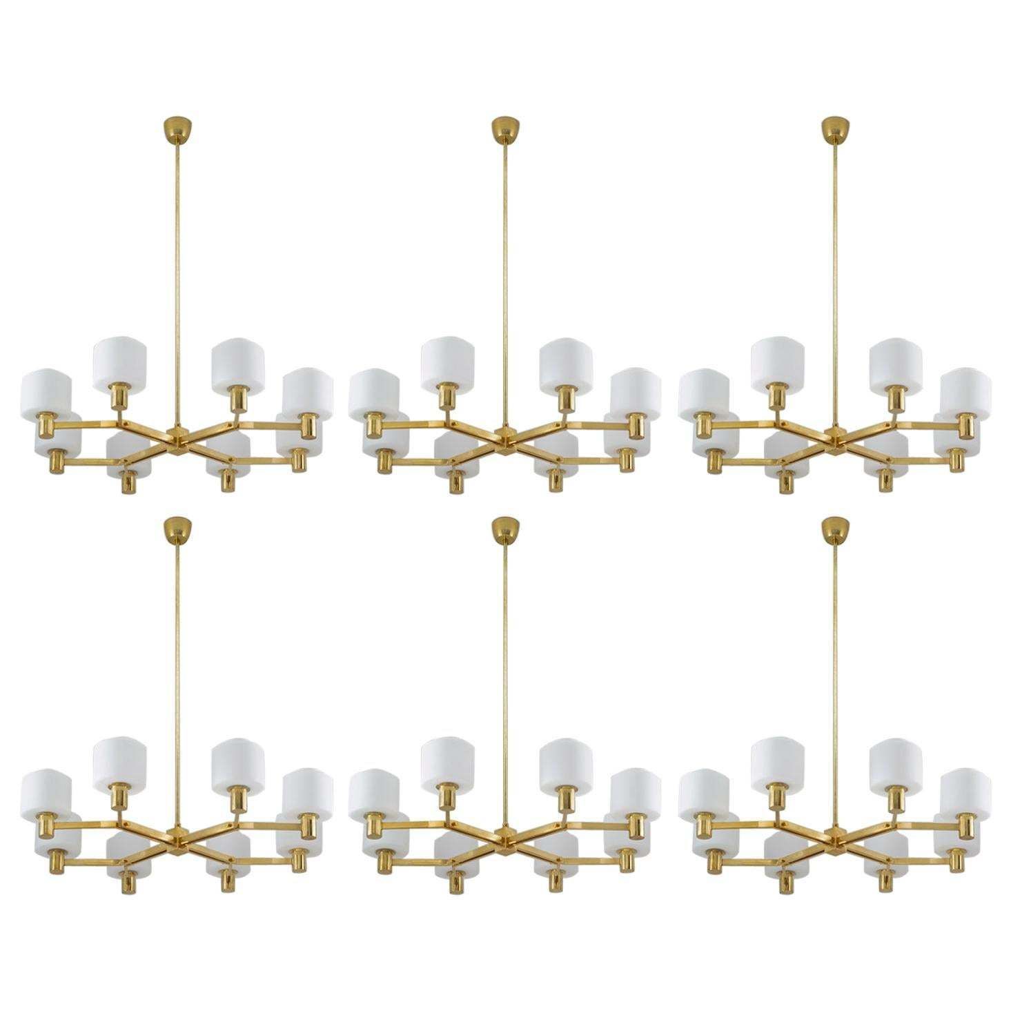 Large Scandinavian Midcentury Chandeliers In Brass And Glass