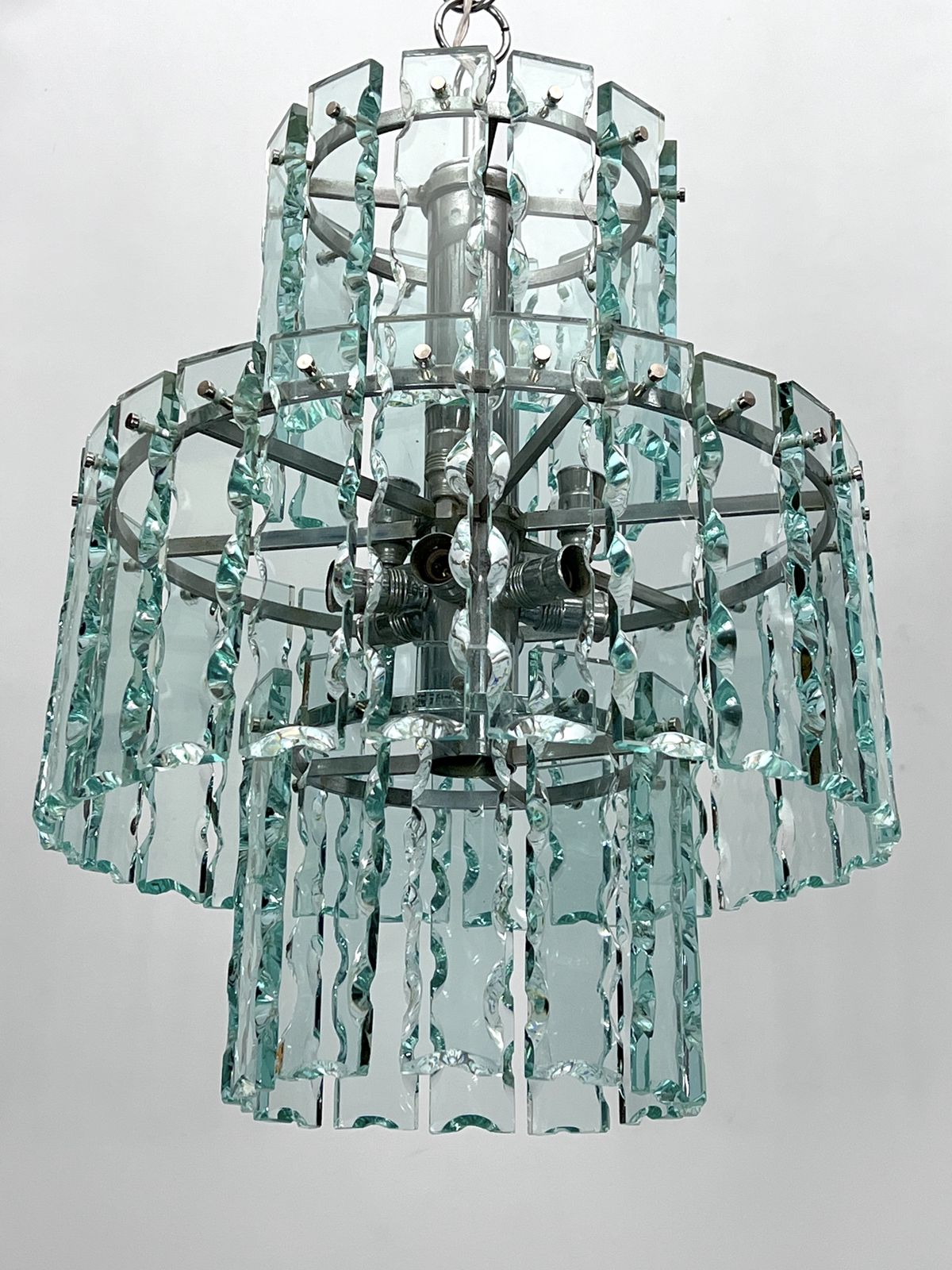 Fontana Arte Style, Italian Cut Glass Chandelier By Zero Quattro. 1970s photo for sale