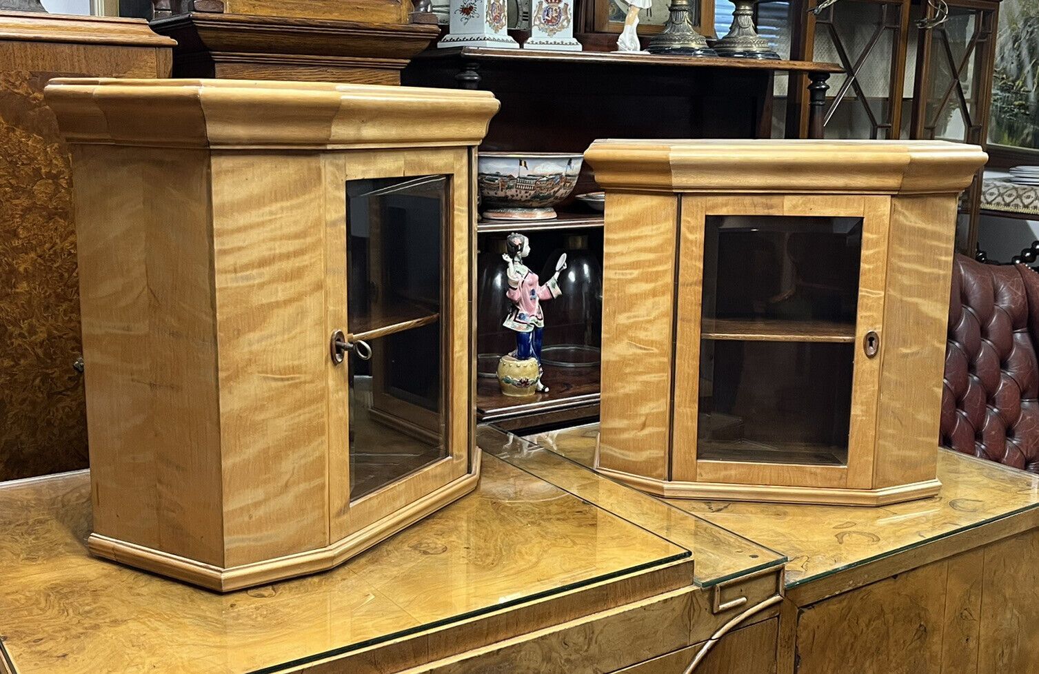 Superb Pair Of Satinwood Collectors Table  Wall Display Cabinets.