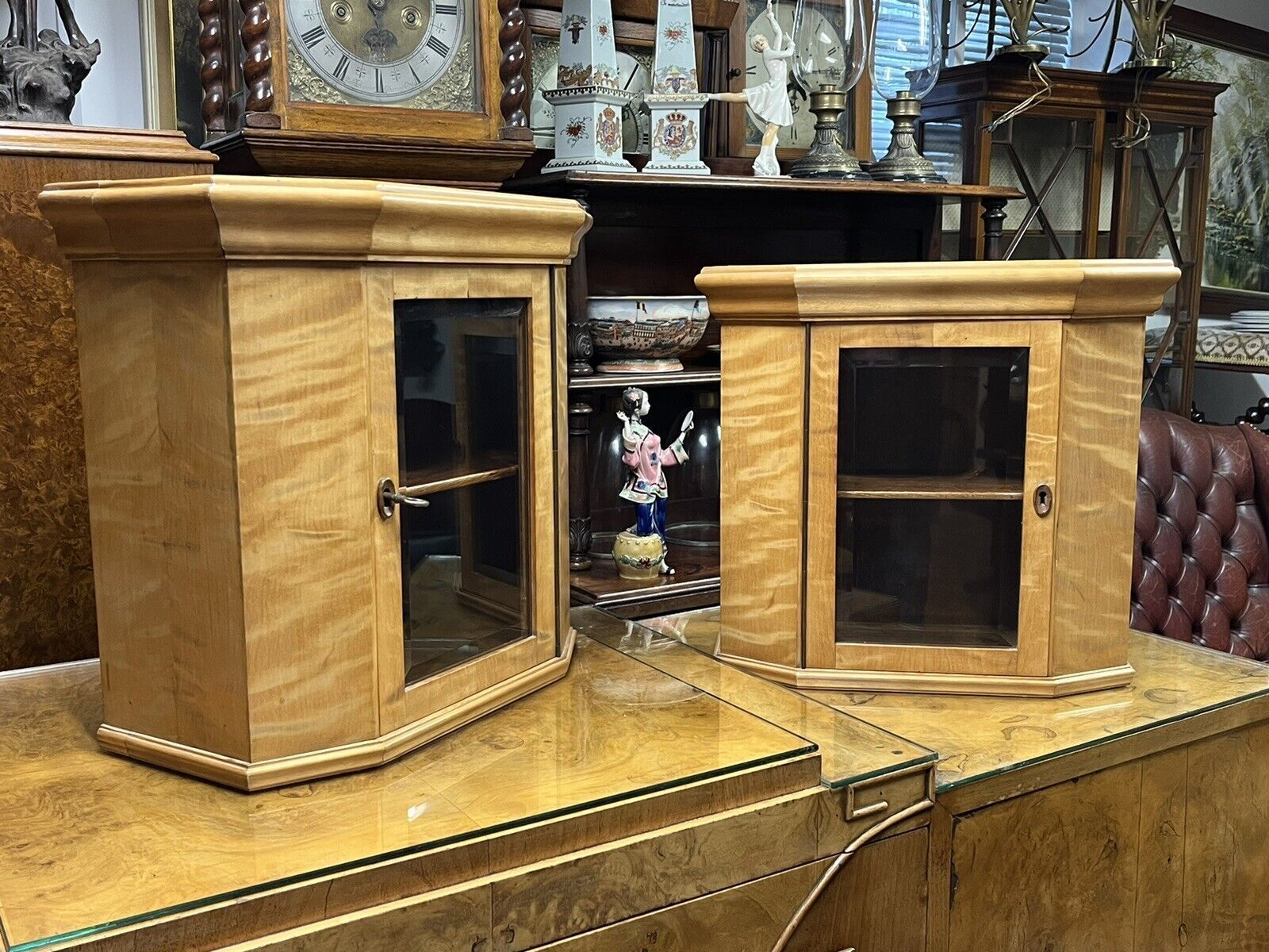 Superb Pair Of Satinwood Collectors Table  Wall Display Cabinets. photo furniture