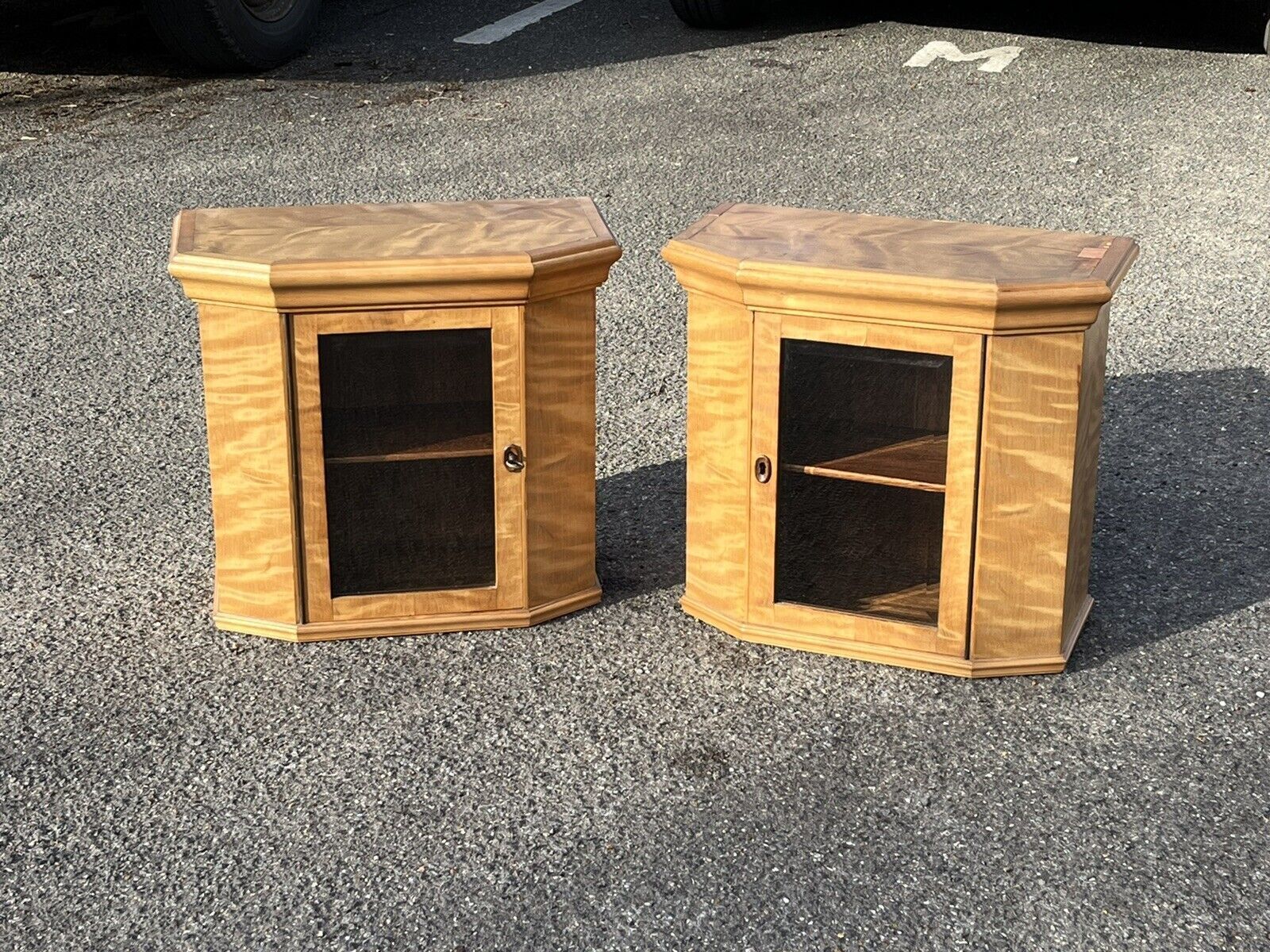 575.0 Superb Pair Of Satinwood Collectors Table  Wall Display Cabinets. photo