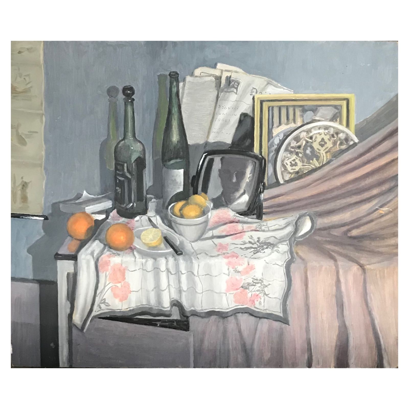 20th Century Still Life Oil On Board  Of A Tablescape With A Reflected Portrait And Newspaper With A Soviet Headline
