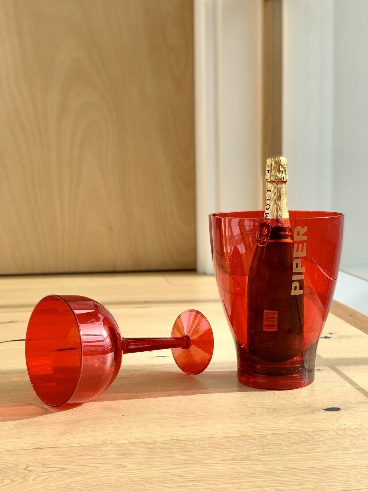 Red Acrylic French Piper Heidsieck Champagne Ice Bucket & Giant Glass