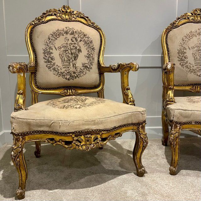 Pair Of Louis XV Style French Tapestry Gilt Wood Fauteuil Chairs photo vintage