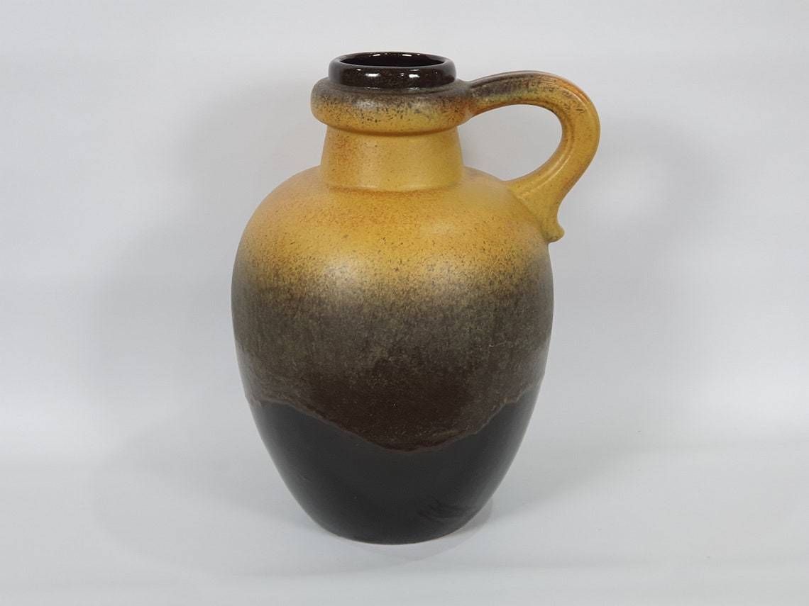 Very Large West German Pottery Fat Lava Handled Floor Vase In A Striking Mustard And Brown Glaze: Scheurich 486 48