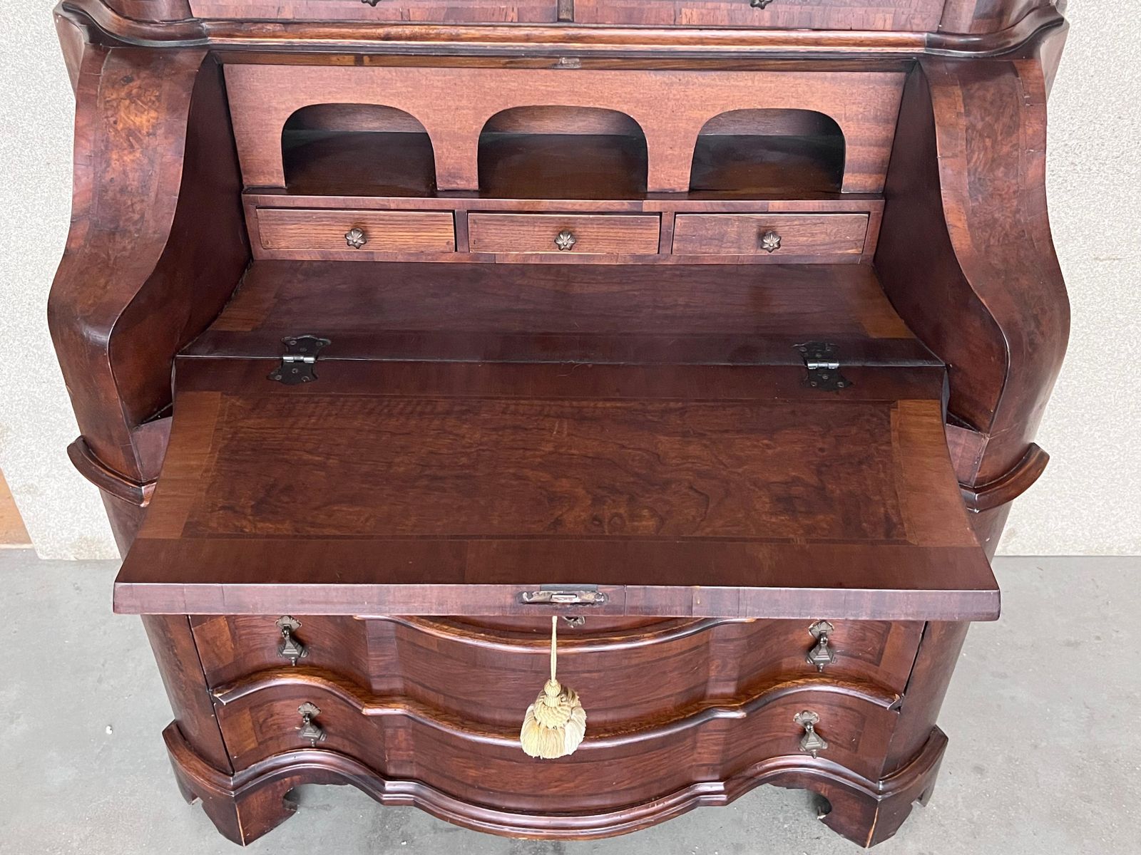 Antique Italian Baroque Style Burl Walnut Secretary Cabinet photo for sale