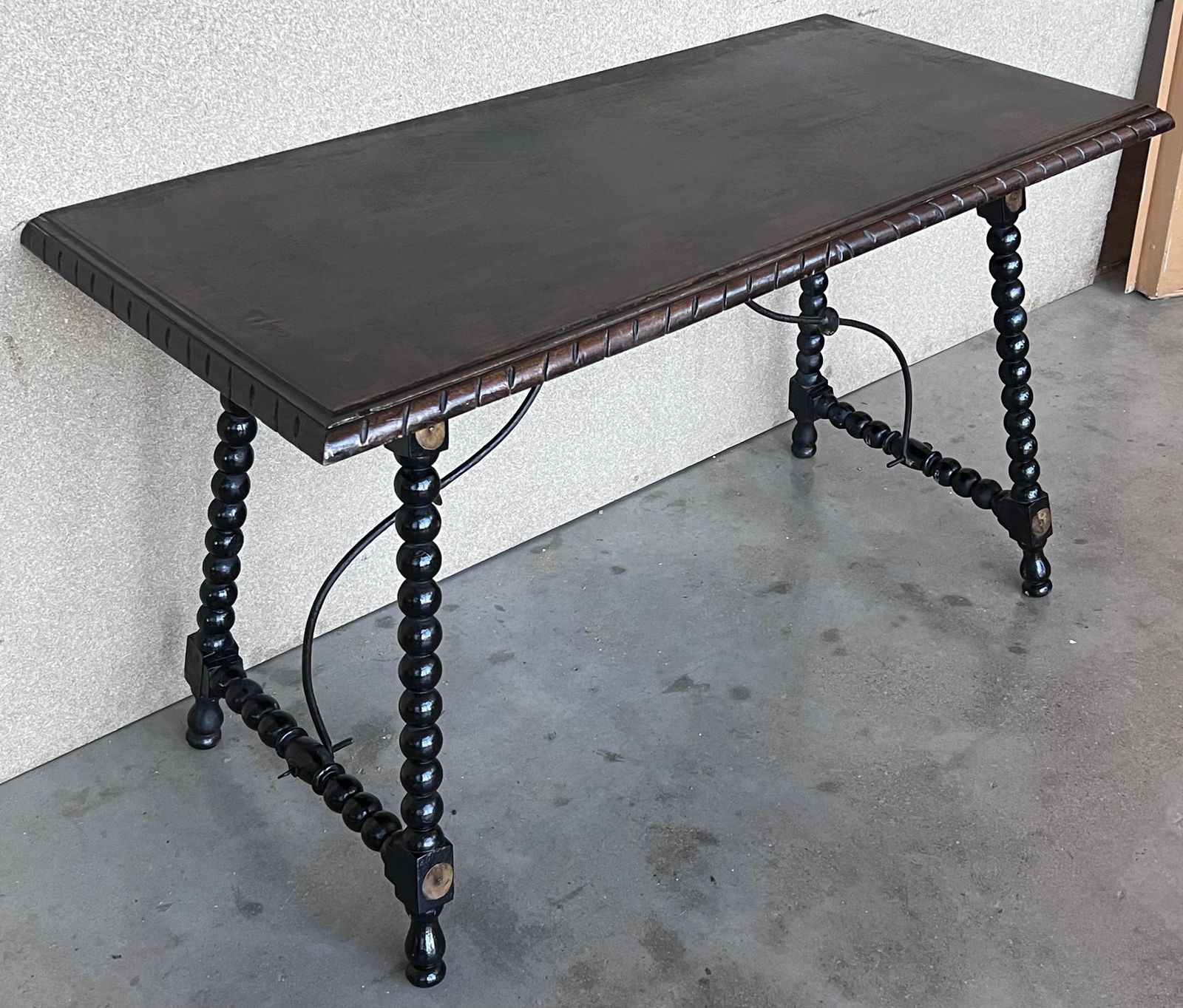 19th Spanish Walnut Side Table With Turned Legs And Iron Stretcher photo buy