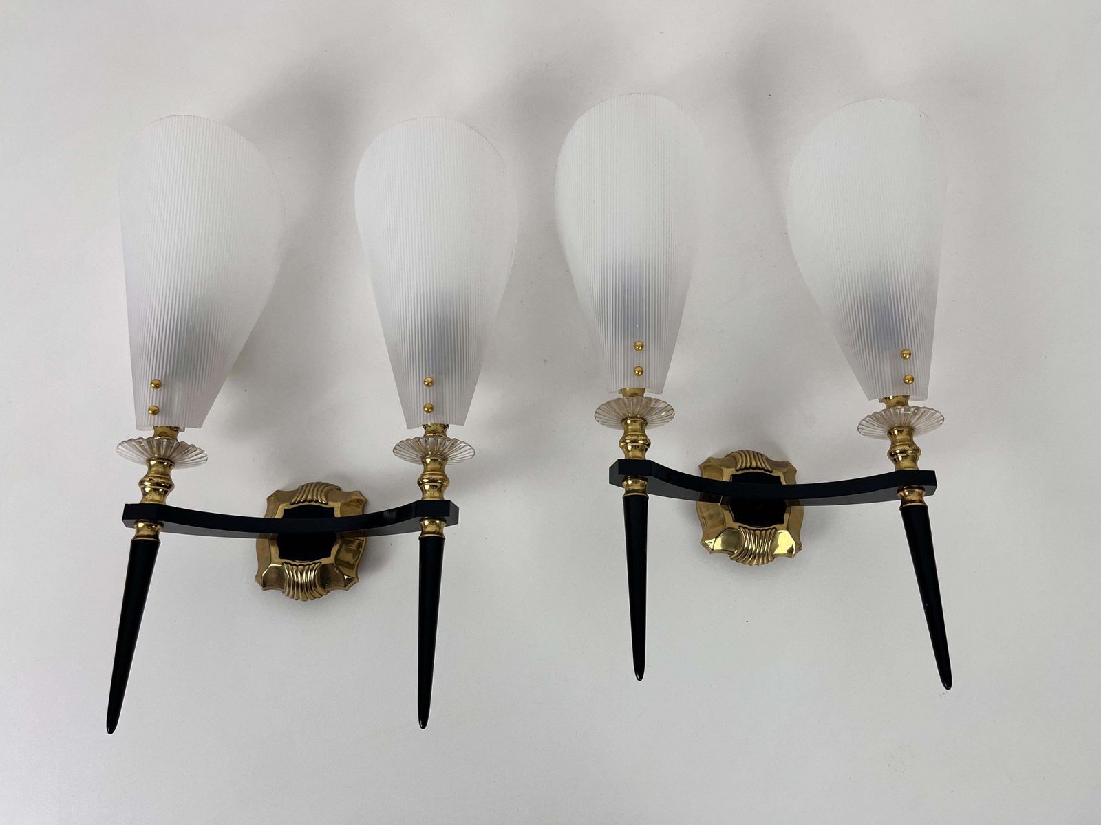 Pair Of 2 Brass And Plexiglass Wall Lamps By Maison Arlus, 1960, France