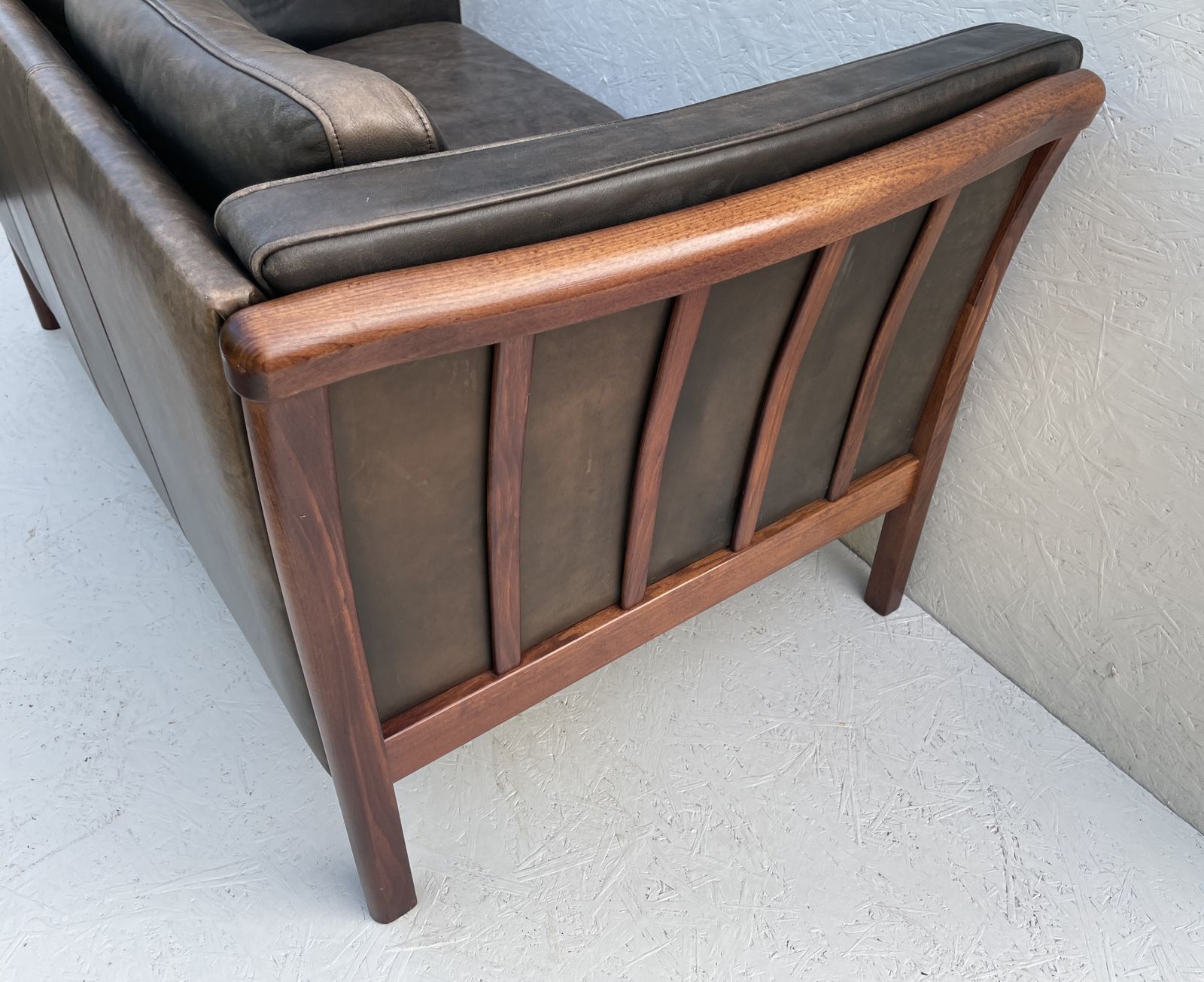 Danish Two Seater Leather And Slat Wood Sofa photo buy