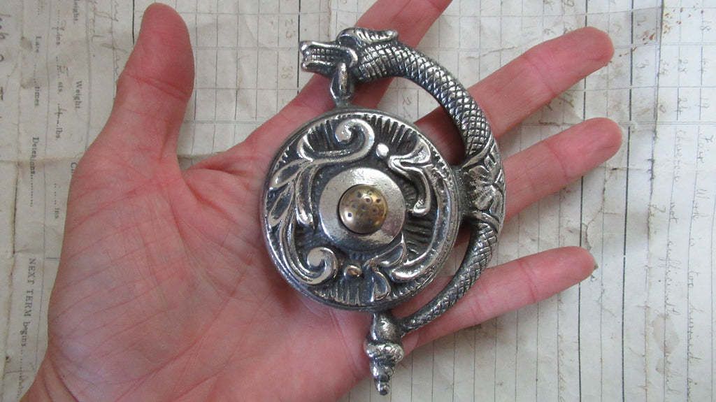 Highly Ornate Antique Brass Electric Doorbell Push   Mythical Creature Griffin / Dragon photo vintage