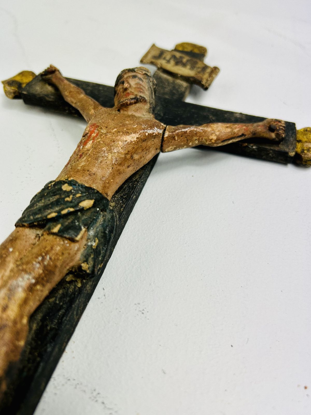 A Primitive Inri Carved & Painted Inri Last Rites Corpus On Wooden Cross   Religious Art photo vintage