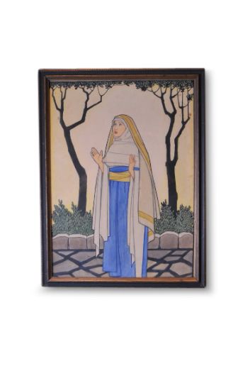 Art Deco Watercolour Framed Art Work Of A Catholic Nun Dated And Signed G Hastain 1927 With G Staples Of Croydon Label To Rear Ol
