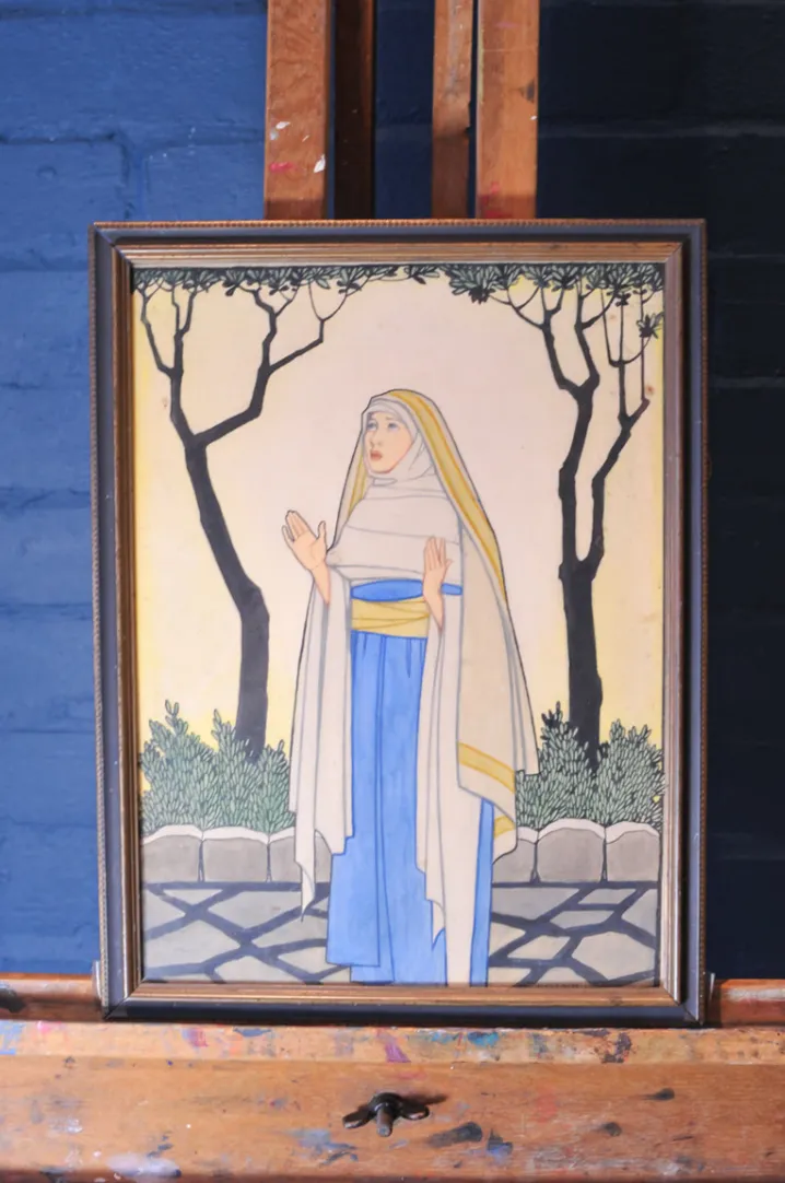 Art Deco Watercolour Framed Art Work Of A Catholic Nun Dated And Signed G Hastain 1927 With G Staples Of Croydon Label To Rear Ol photo furniture