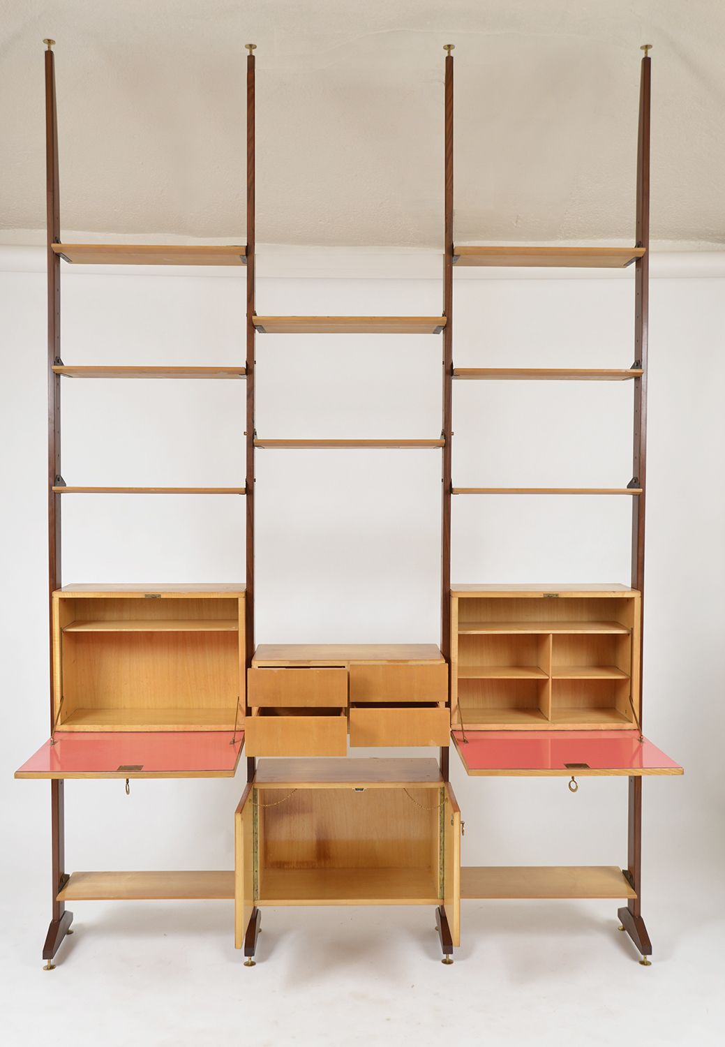 Large 1950s Italian Mid Century Teak Maple Freestanding Shelving System 18 Pieces photo furniture