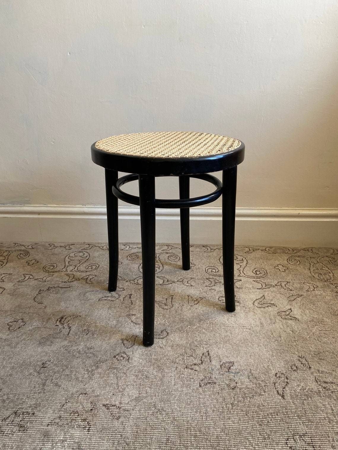 Bentwood & Cane Stool With Ebonised Finish, Recaned Mid Century Piece C. 1960 By Dinette Thonet, Vintage Black Beech Wooden Stool