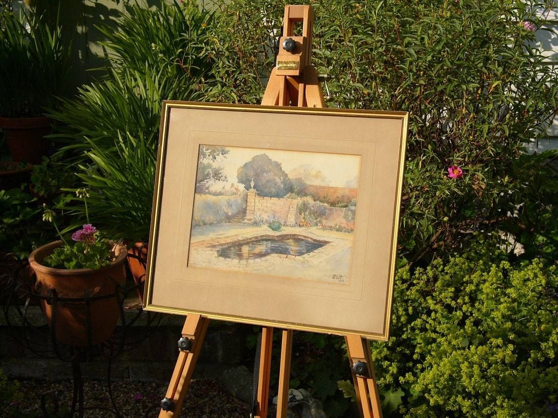 Vintage 1930 Signed Watercolour Painting Of A Formal Garden Pond photo Art