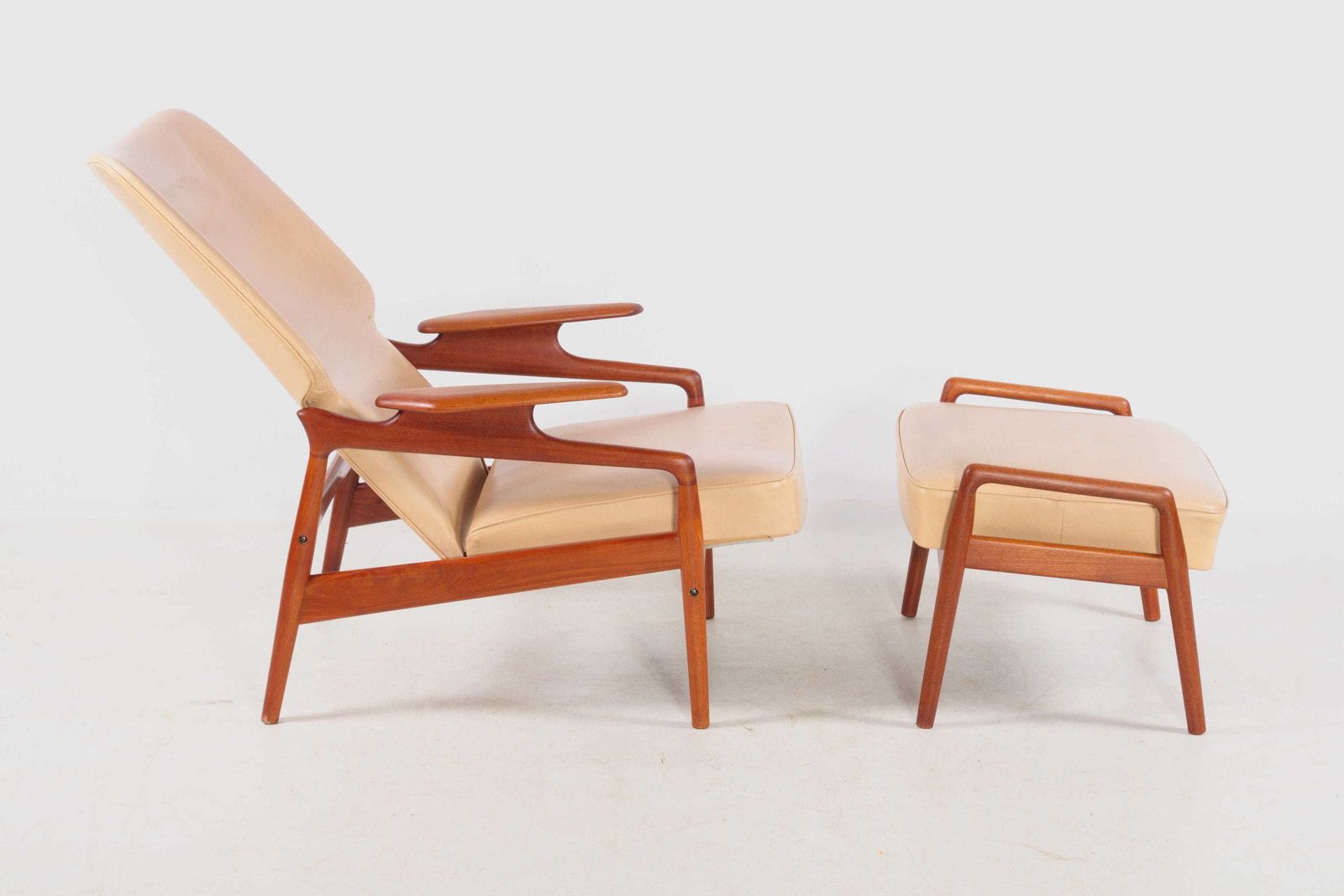 Wing Chair With Footstool. Teak And Imitation Leather, John Boné, Vintage, Denmark, Ca 1965