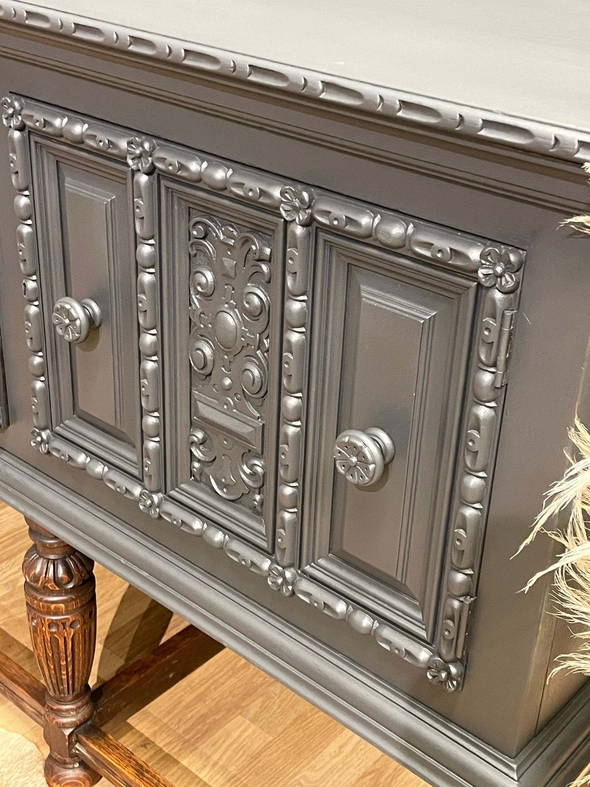 Professionally Spray Painted One Off Stunning Oak Sideboard In Dark Grey photo vinterior