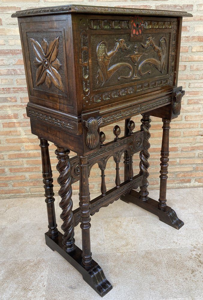 Antique Spanish Renaissance Bar Cabinet In Oak, 1890 photo Furniture