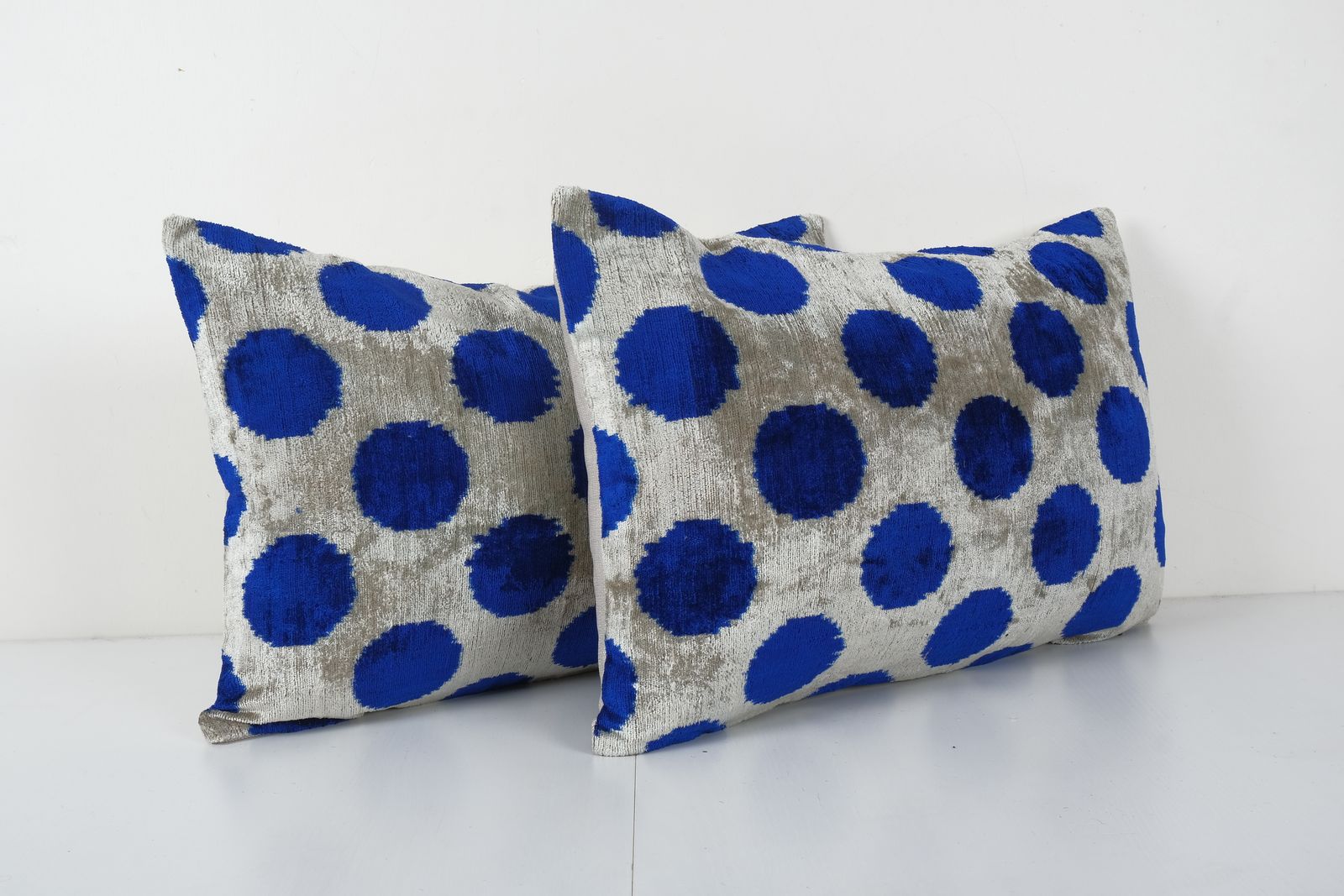 Silk Ikat Velvet Pillowcase, Set Of Two Blue Lumbar , Ethnic Throw Pillow, Pair Ikat Lumbar Pillow 16'' X 24'' photo Textiles