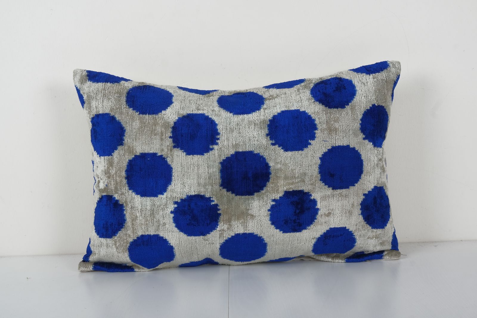 Blue Silk Ikat Velvet Pillow Cover, Handloom Polka Dot Ikat Lumbar Cushion Cover, Decorative Pillowcase 16'' X 24''