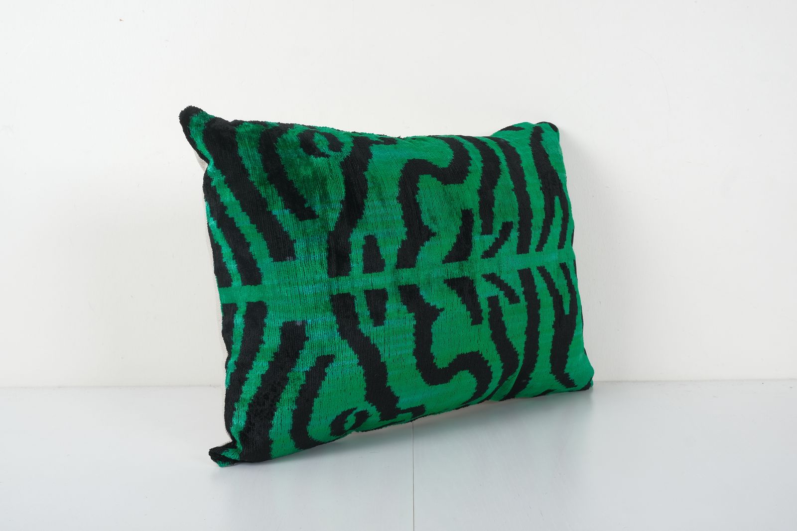 Green Tiger Ikat Velvet Pillow, Handloom Silk Lumbar Cushion Cover, Animal Pattern Velvet Lumbar Pillows, Boho Pillow 16'' X 22'' photo furniture