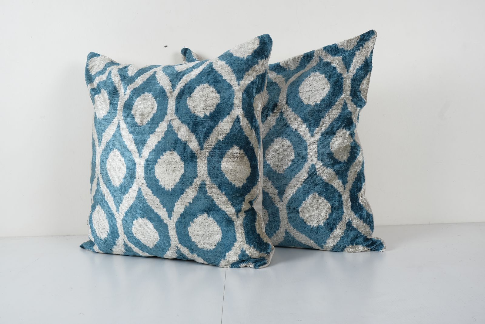 Blue Ikat Velvet Pillow Cover, Set Turkish Polka Dot Cushion Cover, Pair Ethnic Silk Ikat Velvet Pillowcase 23'' X 23'' photo for sale