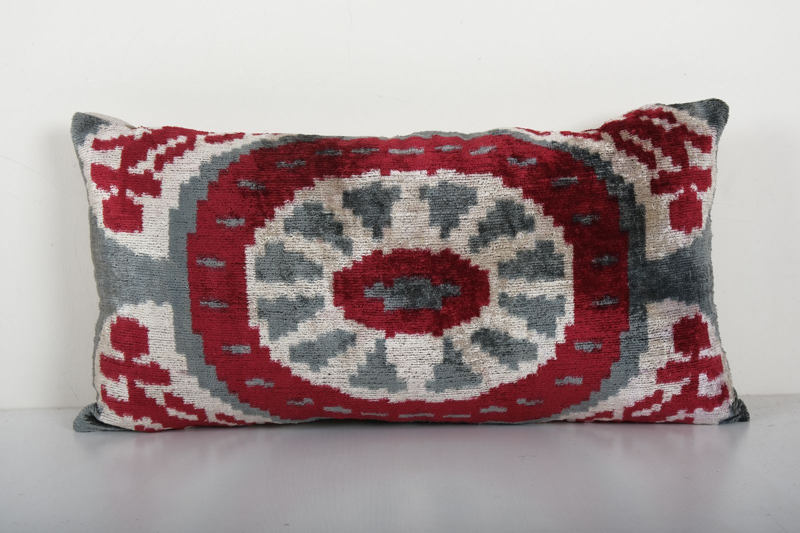 Silk Ikat Velvet Pillow, Handloom Granite Gray Lumbar  Cover, Boho Throw Pillow 13'' X 24''