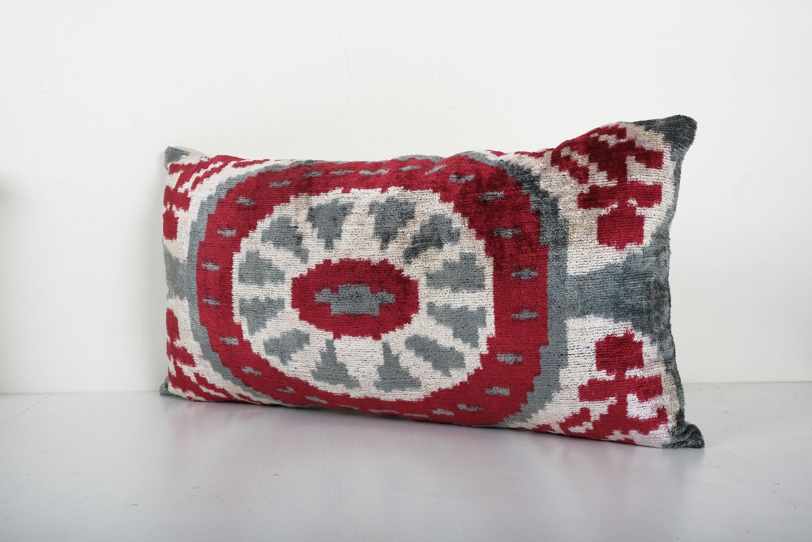 Silk Ikat Velvet Pillow, Handloom Granite Gray Lumbar  Cover, Boho Throw Pillow 13'' X 24'' photo for sale